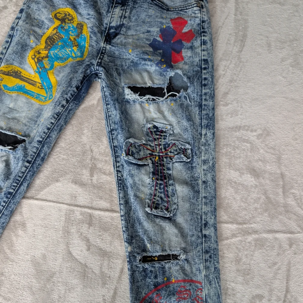 Womens Distressed Moto Skinny Jeans Streetwear Grunge Graffiti Acid Wash Sz 30 - Picture 3 of 13